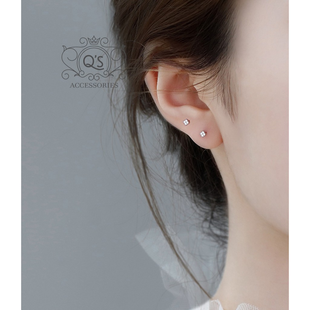 Bông tai bạc 925 vuông nhỏ đính đá khuyên nam nữ nụ mini S925 SQUARE Silver Earrings QA SILVER EA201005