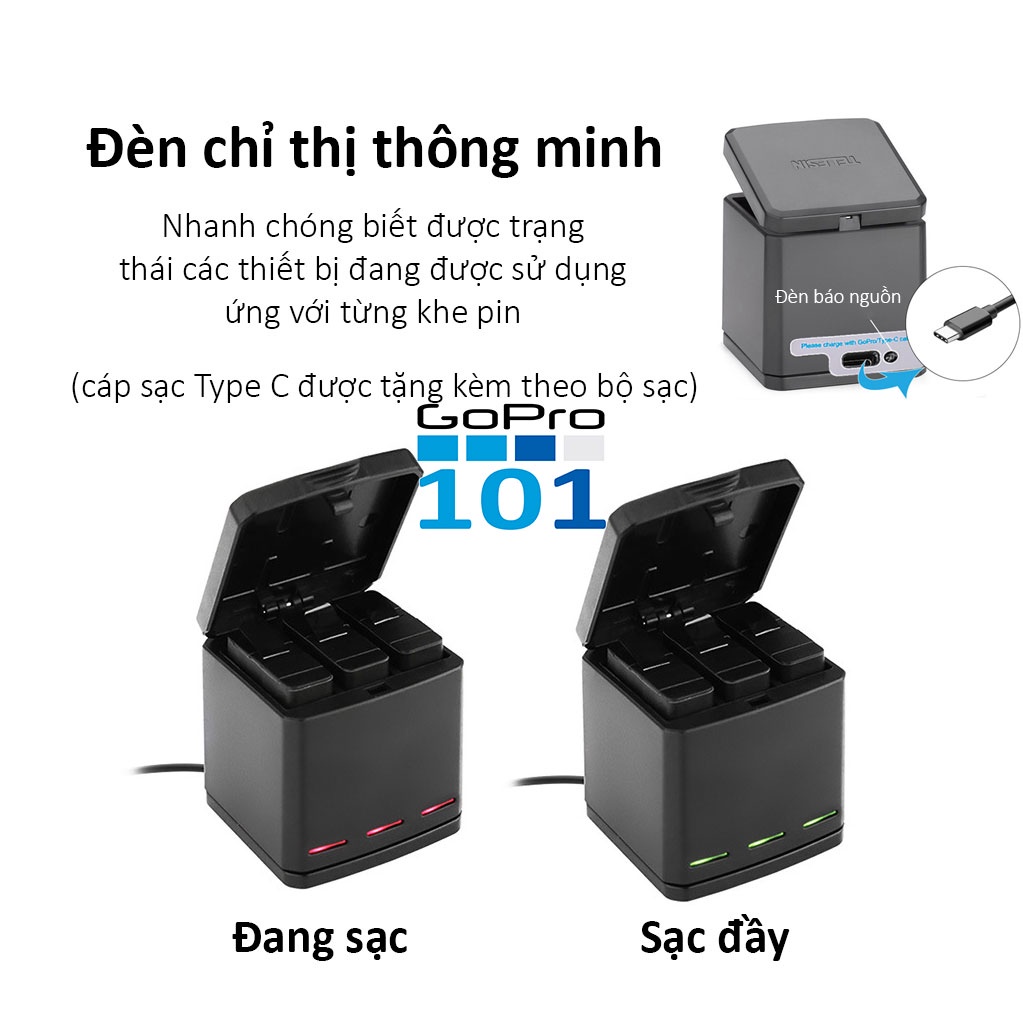 Hộp sạc 3 pin Telesin dành cho GoPro 5/6/7/8 Chính Hãng