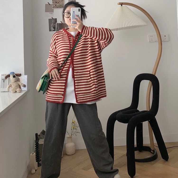 Áo Khoác Len Cardigan Có Nón Tay Dài Dáng Rộng Họa Tiết Kẻ Sọc Màu Tương Phản Thời Trang Xuân Đông Hàng Mới Dành Cho Bạn Nữ