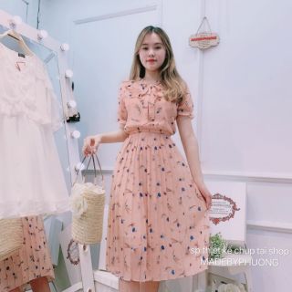 Đầm cổ nơ tay bồng hoa nhí xanh