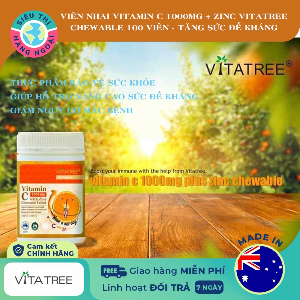 Viên nhai Vitamin C 1000mg with Zinc Chewable Tablet Vitatree Exp2024[Tăng cường hệ thống miễn dịch, sức đề kháng]