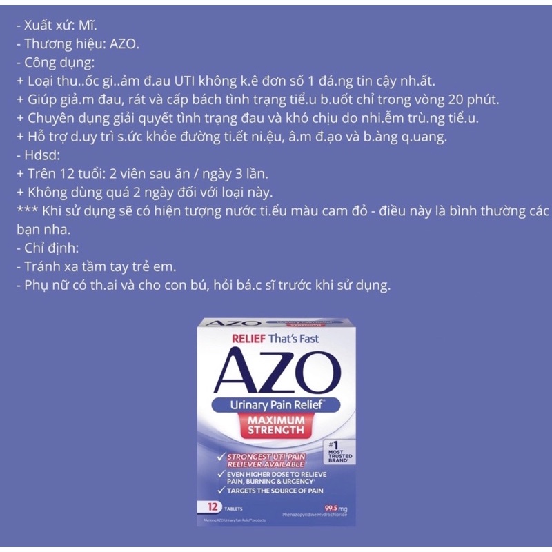 AZO URINARY PAIN RELIEF Maximum Strength Loại Mạnh - Azo Xanh