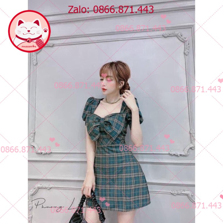 ⚡𝐅𝐑𝐄𝐄𝐒𝐇𝐈𝐏⚡  Đầm kẻ caro màu xanh lá, ngực phối nơ bản to, tay phồng