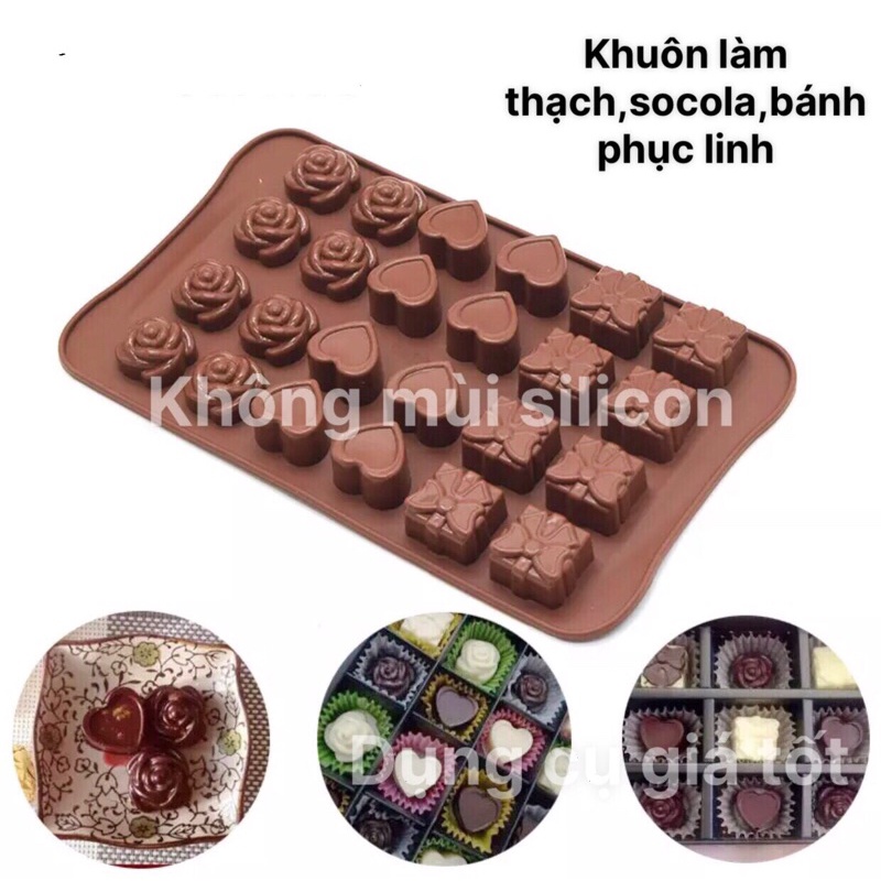Khuôn đổ rau câu socola Tim, hoa hồng, vuông 24 ô