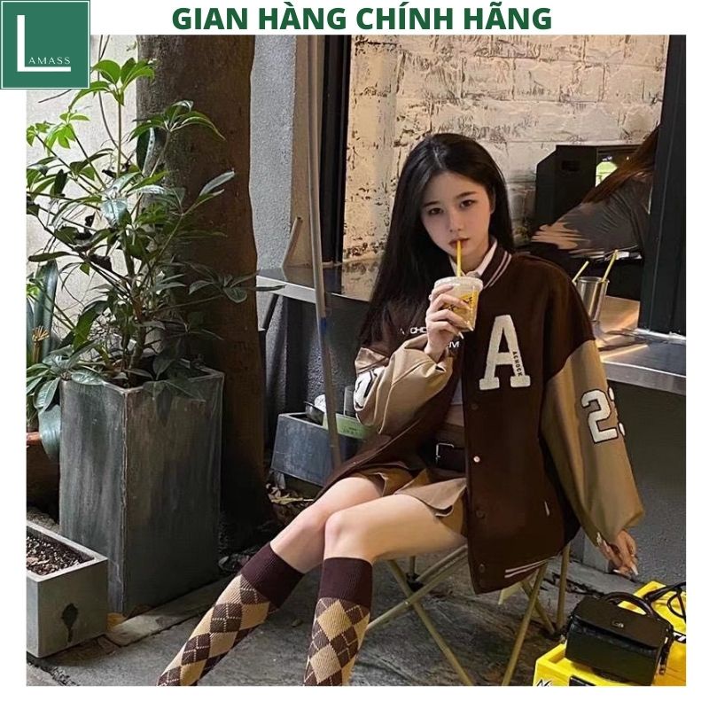 Áo khoác Bomber thể thao màu nâu thêu chữ A- Áo bóng chày jackit from rộng nam nữ UNISEX phối tay phong cách ulzzang