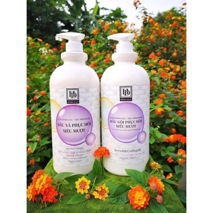 Cặp dầu gội Hồng Đạt Keratin Collagen 2000ml phục hồi siêu mượt dầu gội HD chiết xuất từ thiên nhiên giảm rụng tóc