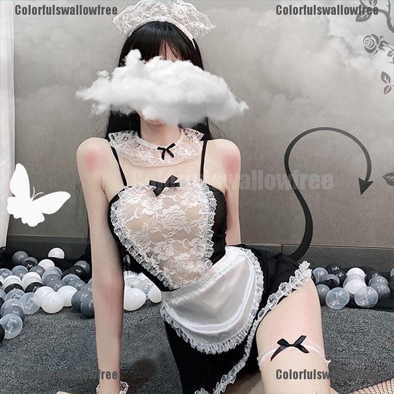 Colorfulswallowfree Bow Lace Cosplay Maid Uniform Lingerie Sexy Halloween Role Play Costumes BELLE