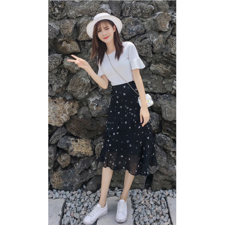 Sẵn hàng Chân váy voan hình sao Ulzzang vạt chéo - kèm ảnh thật - LÊN ĐỒ