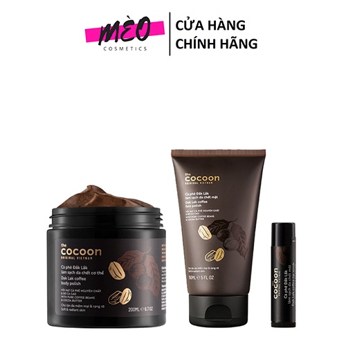 TẨY DA CHẾT TOÀN THÂN 200ML , MẶT Tuýp 150ml, MÔI 5g COCOON Dak Lak Coffee Body Polish,sạch da chết mặt,Tẩy da chết môi.