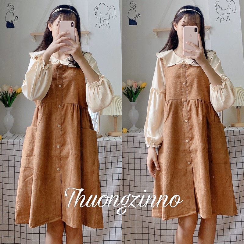 [Ảnh thật/Video]Set Yếm nhung Zmin gồm áo và váy dáng dài ulzzang, chất liệu nhung tăm