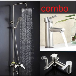 Combo bộ sen cây và vòi lavabo tròn nóng lạnh 100% inox 304
