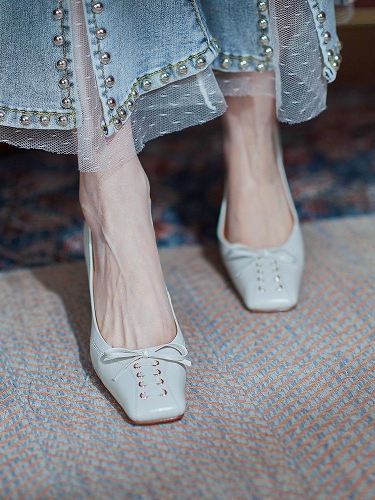 Giày Cao Gót Mũi Vuông Đính Nơ Thời Trang 2021 Cho Nữ