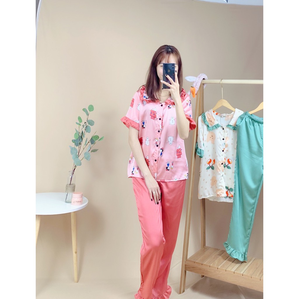 Bộ lụa mặc nhà, Bộ ngủ pijama chất lụa cao cấp, nhẹ mát, kiểu dáng hàn quốc.