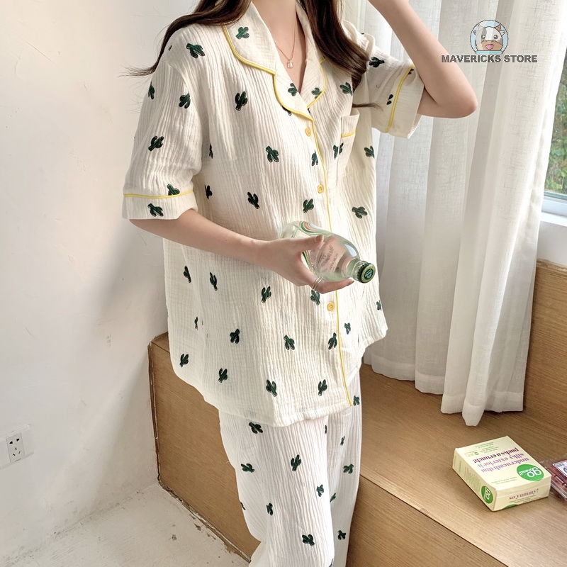Bộ đồ ngủ cotton lanh ngắn tay họa tiết xương rồng phong cách Hàn Quốc thời trang cho nữ