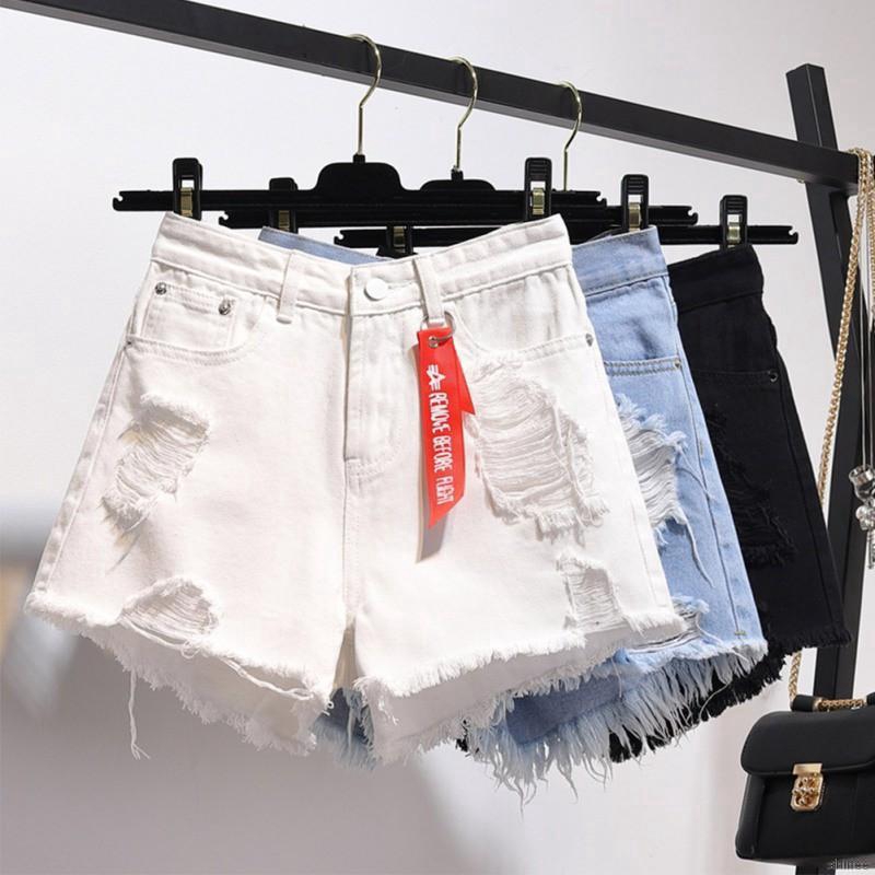 Quần sọt Denim lưng cao màu trơn thiết kế rách cá tính