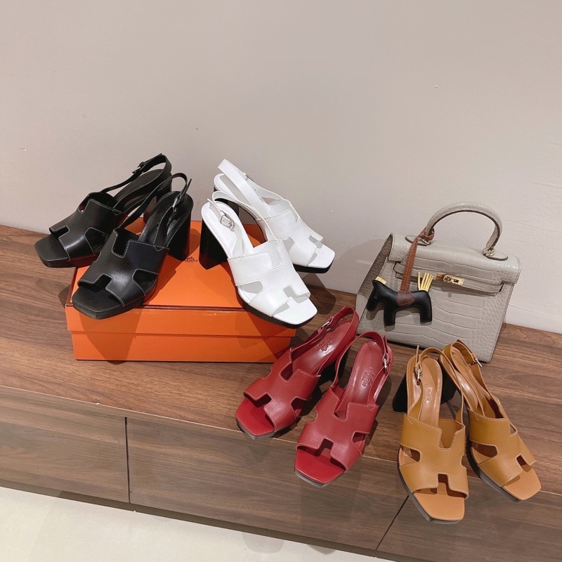 Sandal cao gót 9p quai chữ H thương hiệu Hermes HM da thật cao cấp