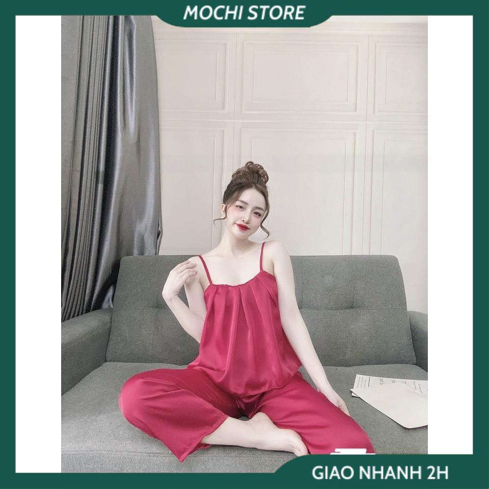 Đồ Bộ Mặc Nhà, Đồ Ngủ Lụa Áo 2 Dây Xếp Ly Quần Dài Chất Lụa Satin Cao Cấp Form Rộng Rãi Dưới 65kg Mặc Vừa.