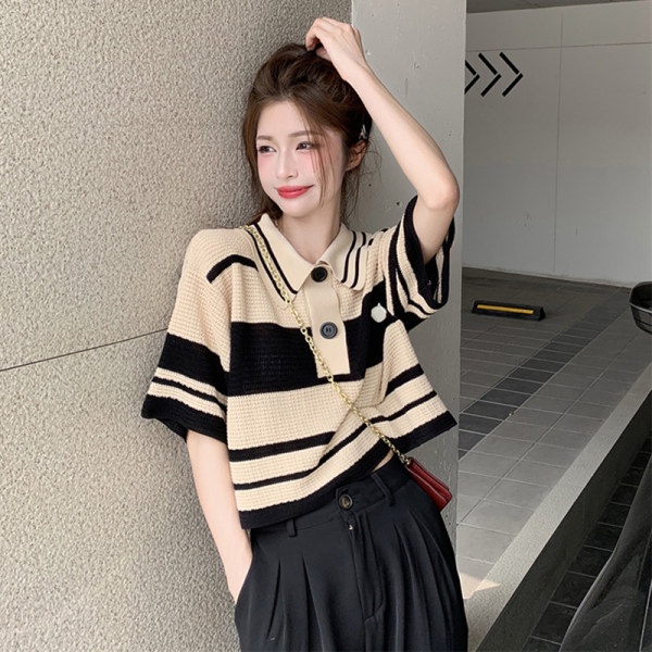 Áo Thun Dệt Kim Ngắn Dáng Rộng Họa Tiết Kẻ Sọc Thời Trang Mùa Hè Phong Cách Hàn Quốc Cho Nữ
