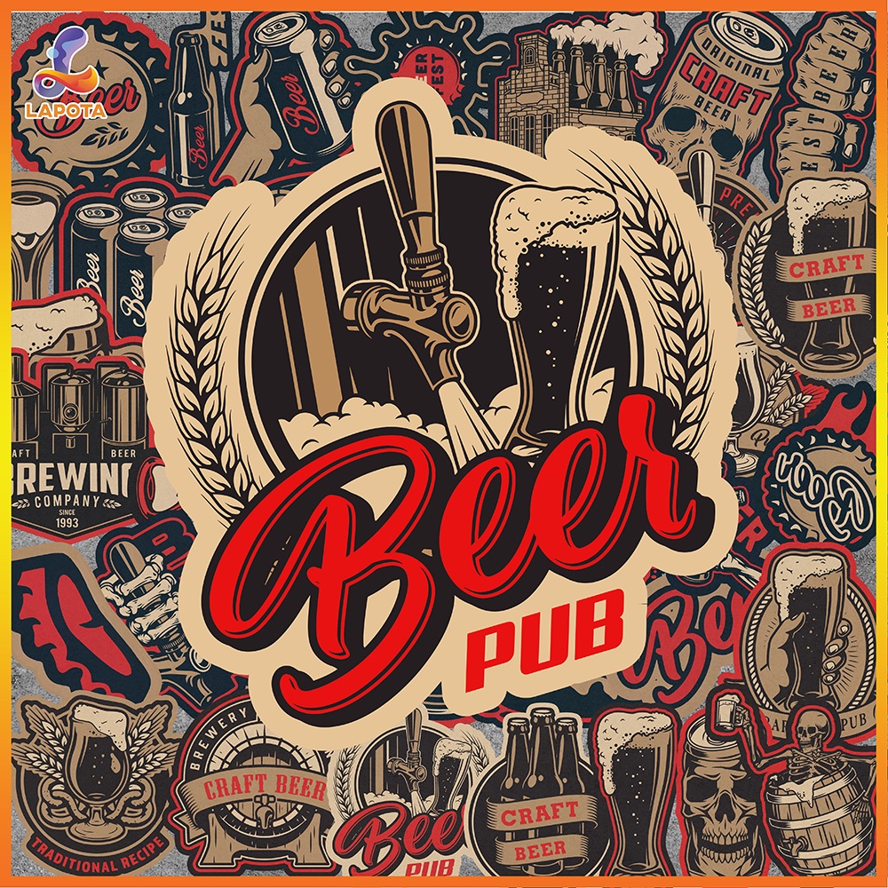 Set 50 cái Sticker Retro Beer chống nước, Decal Beer Vintage dán vali, điện thoại, mũ bảo hiểm