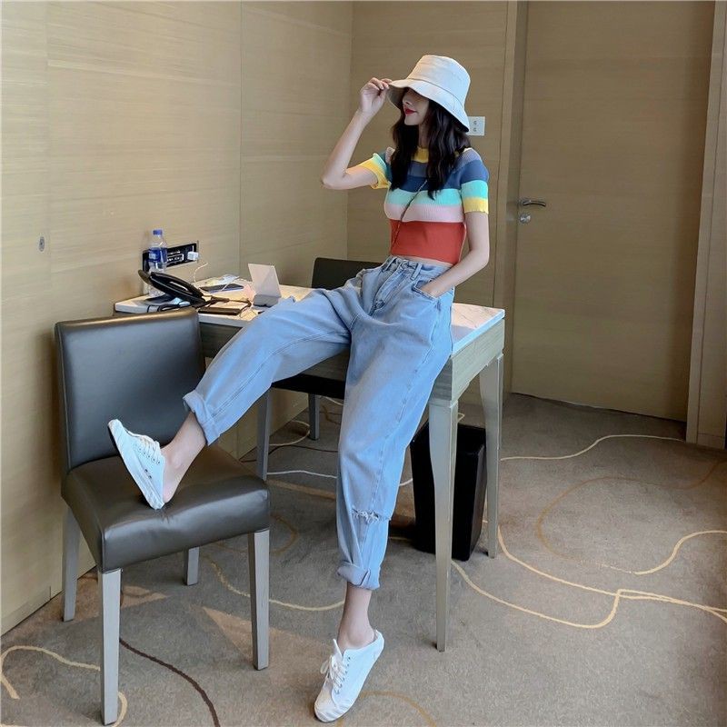 [ORDER] Set áo croptop ôm tay ngắn rainbow + quần jeans nữ dài baggy ống rộng ulzzang ( có bán riêng )