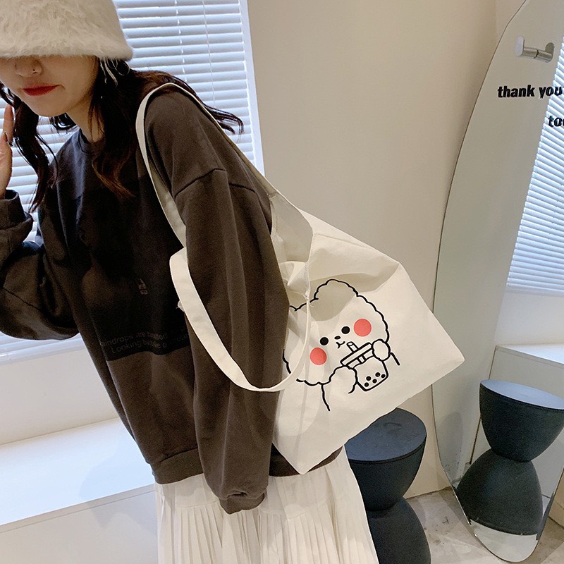 Túi Tote Trắng Vải Canvas Mềm Mịn Hình Gấu Cute Phù Hợp Cho Đi Chơi Đi Cafe