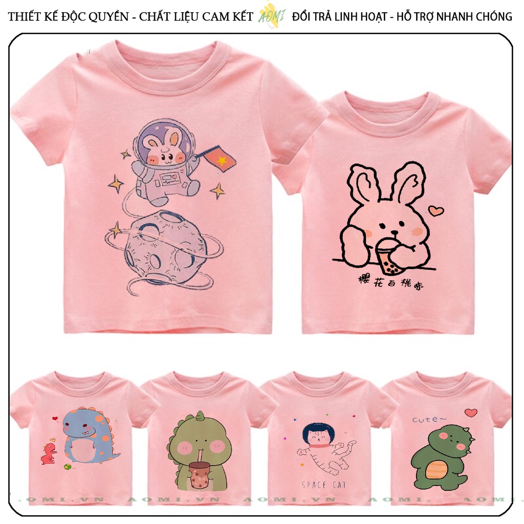 ÁO THUN khủng long thỏ phi hành gia cute UNISEX PHÔNG HỒNG TAY NGẮN NAM NỮ GIA ĐÌNH CẶP ĐÔI TRẺ EM BÉ TRAI GÁI AOMIVN