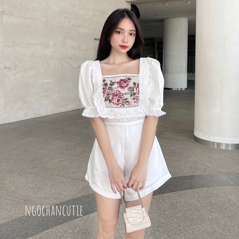 Jumpsuit trắng (đã có lớp lót) linen thêu hoa cổ điển Dear ex tay phồng vintage Ngochancutie Mania Cutie (có sẵn)