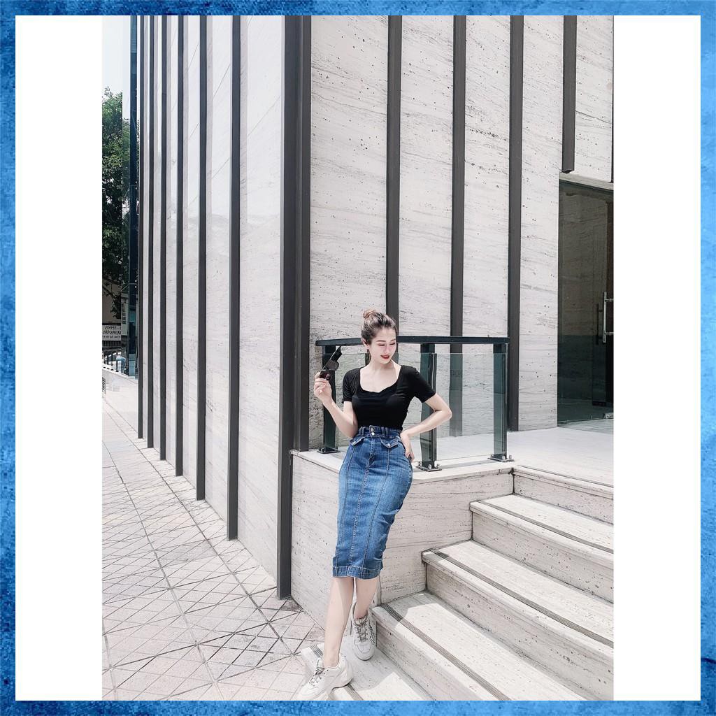 [Jeans nữ thiết kế] Chân váy bò trơn dáng dài qua gối, chân váy jeans lưng cao phối gân 2 khuy. Mã V1140