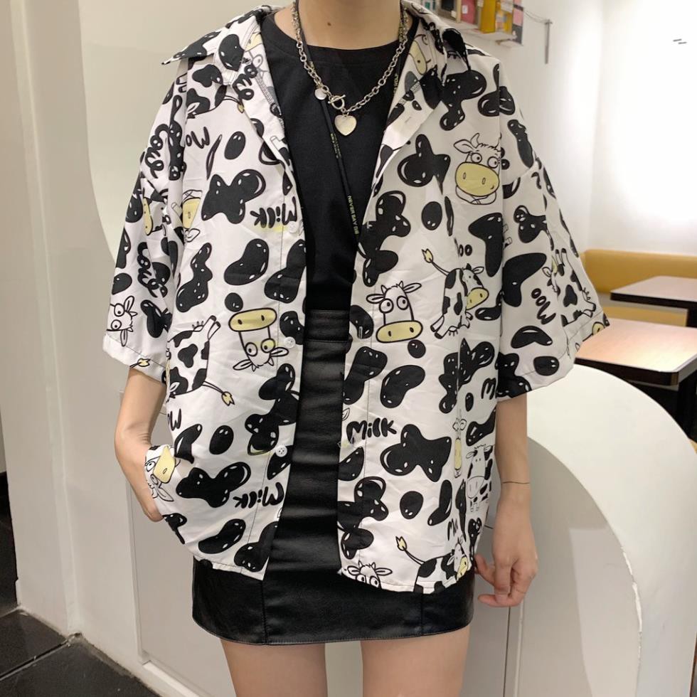 Áo sơ mi loang bò milk nữ - Thun oversize dáng rộng ngắn tay in chữ Moo, phông có cổ năng động trẻ trung ulzzang ĐẸP  ྇