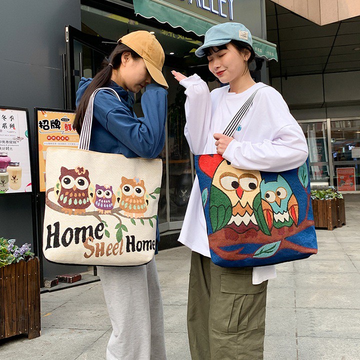 Túi Tote Đeo Chéo Thêu Chim Dễ Thương Phong Cách Ullzzang - Túi Vải Canvas Thời Trang Đeo Vai GN11