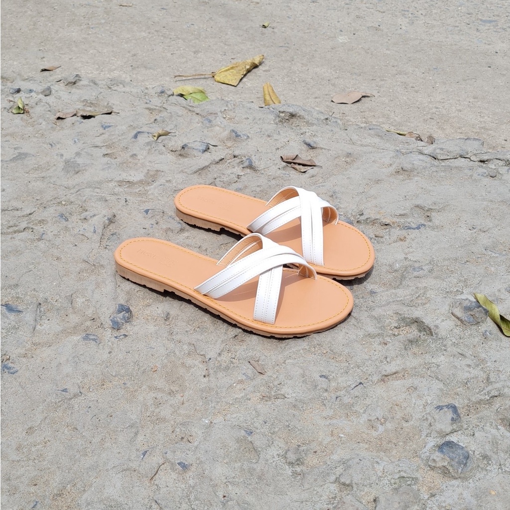 Dép chéo quai mảnh NALLDOS chất liệu da, đế thấp TPR nhẹ chống trượt 3 màu thời trang