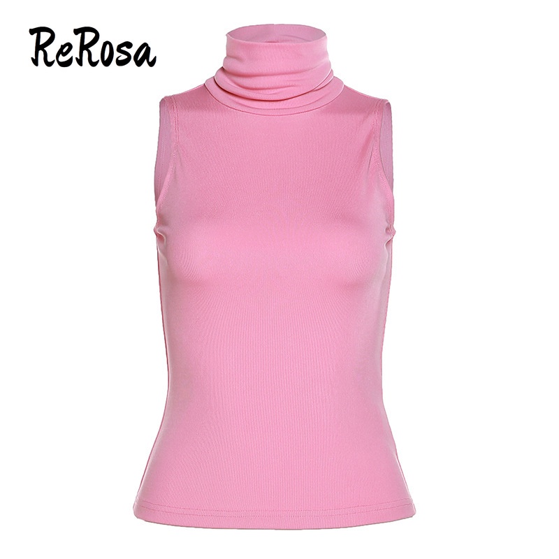 Rerosa Áo Croptop Sát Nách Cổ Cao Màu Trơn Ôm Dáng Quyến Rũ Cho Nữ