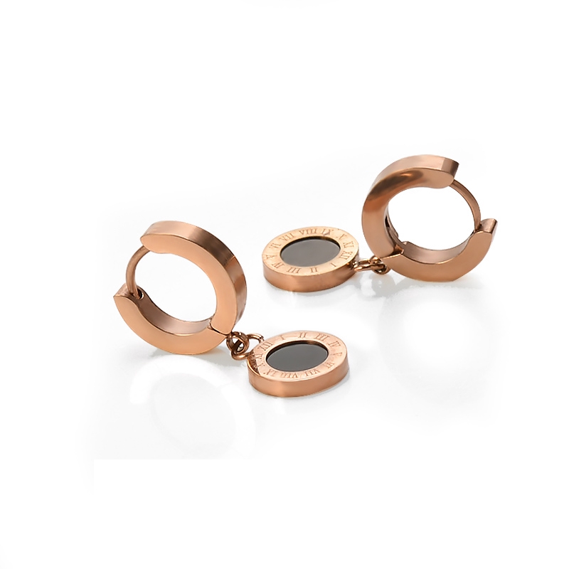 Round Black Shellfish Rose Gold Earrings Titanium Steel Rose Gold Roman Numeral Earrings