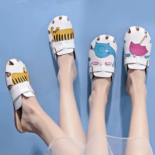 Dép hoạt hình dép nữ mang phẳng thời trang mới hoang dã lưới đỏ nửa kéo không gót giày lười nữ