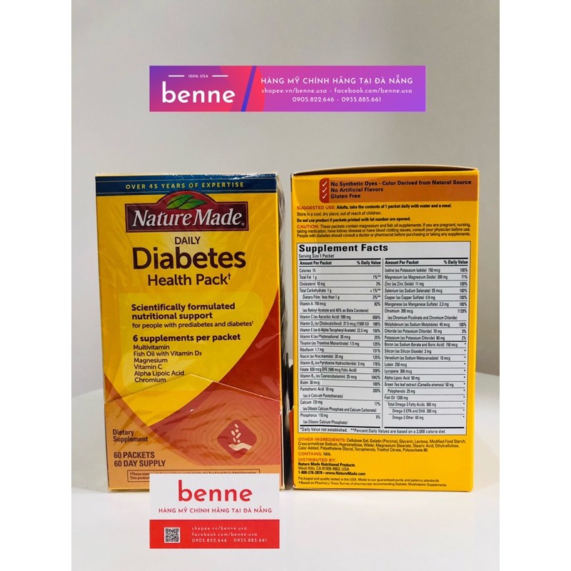 [Bill Mỹ air] Nature Made Diabetes Health Pack của Mỹ, viên uống bổ sung hỗ trợ người bị tiểu đường, Hộp/60 Gói