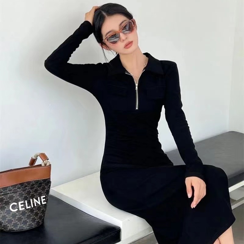 IELGY  Đầm Đen Cổ polo Tay Dài Xẻ Tà Thời Trang Cho Nữ