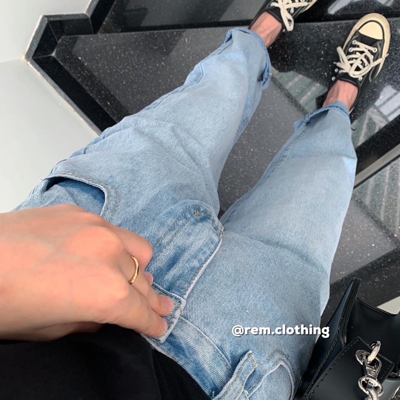 Quần jean rộng xanh nhạt (Ảnh thật)