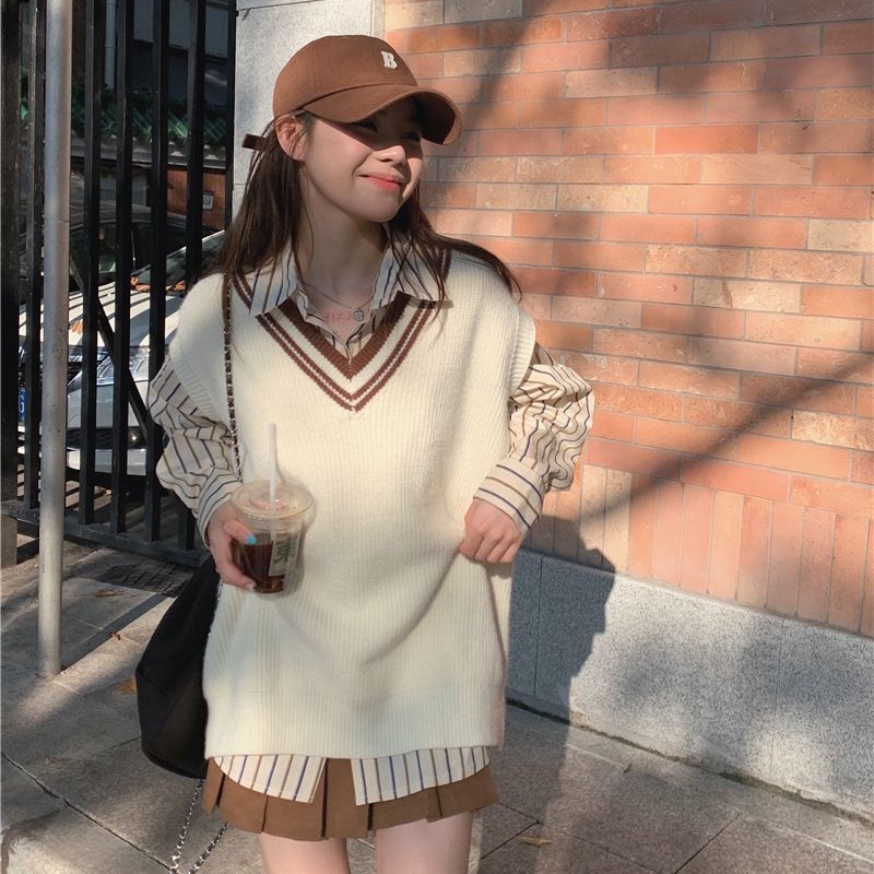 Set Áo Sơ Mi Tay Dài Kẻ Sọc + Áo Vest Dệt Kim Sát Nách Cổ Chữ V Phong Cách Hàn Quốc Mới Cho Nữ