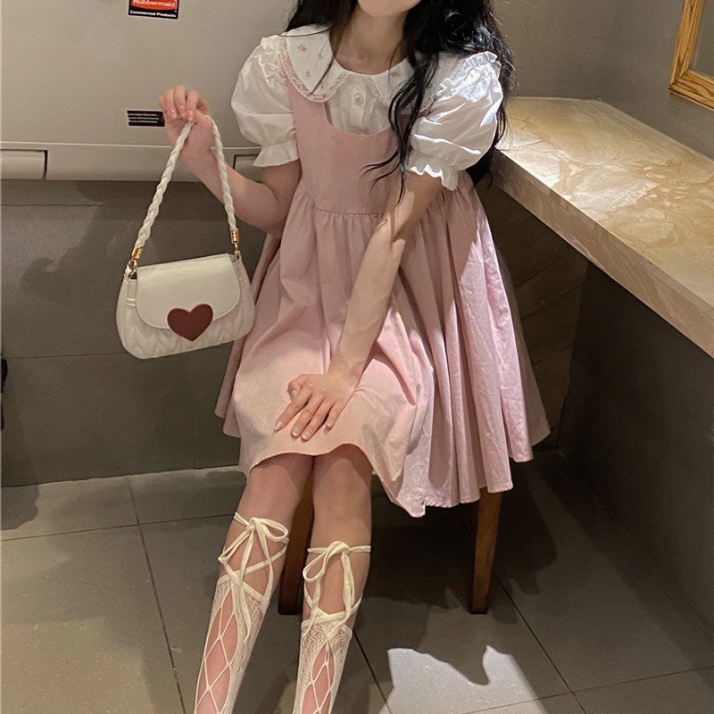 Set áo sơ mi tay phồng ngắn + đầm yếm phong cách thời trang mùa hè dễ thương dành cho nữ