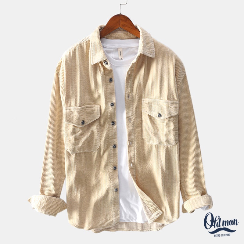 Áo Sơ Mi Nam Vintage Có Túi Chất LIệu Vải Nhung Tăm Mềm Mịn Dày Dặn Không Bai Xù, Phong Cách Cổ Điển, Retro, Trẻ Trung