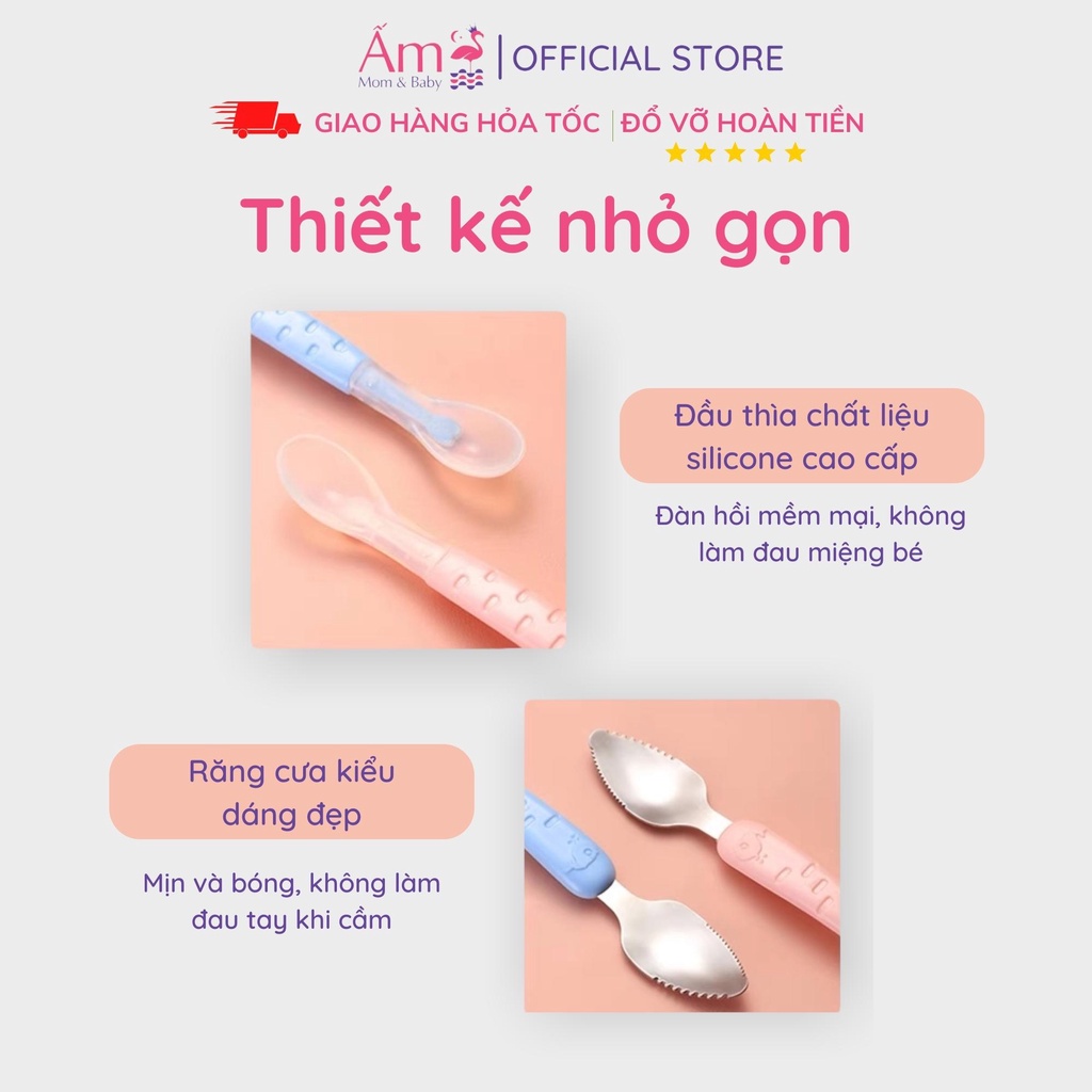 Thìa Tập Ăn Silicon Nạo Hoa Quả 2 Đầu Cho Bé Ấm Baby Nhỏ Gọn Tiện Dụng Ấm Gift Decor