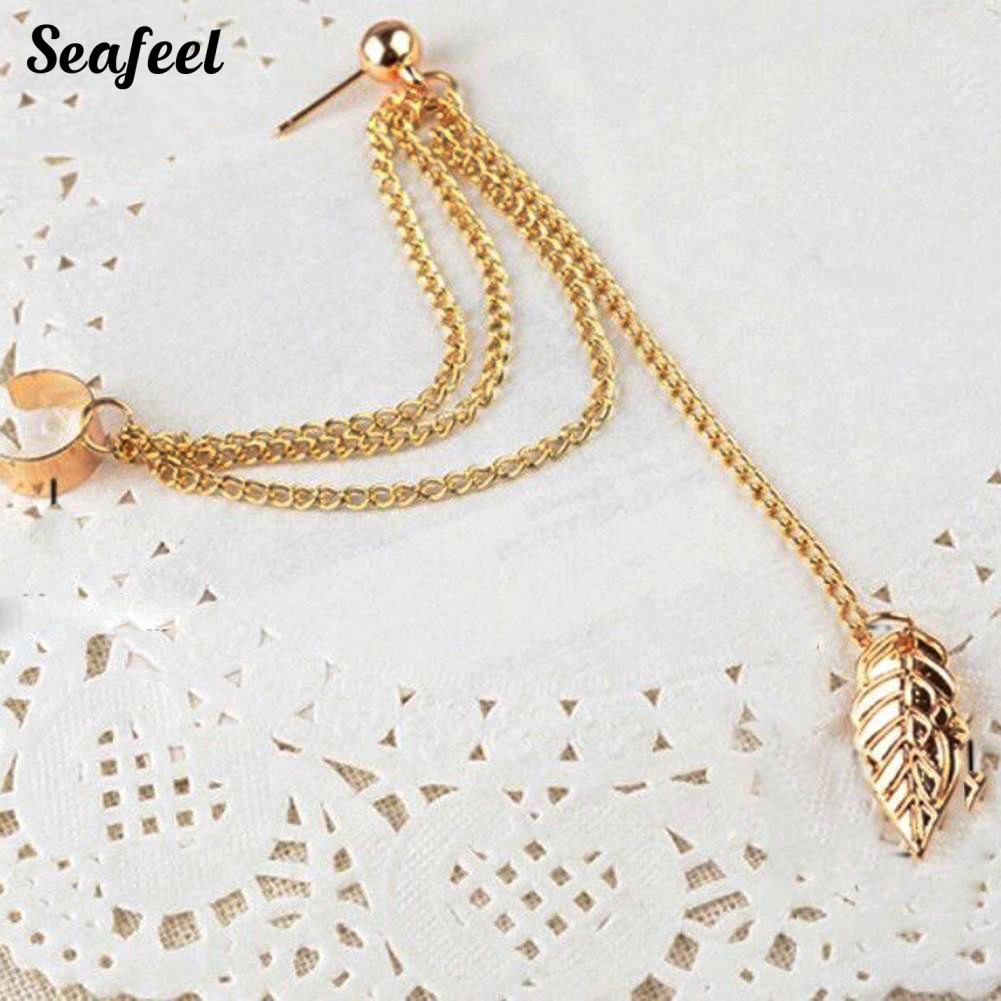 Bông tai xỏ lỗ tua rua dáng dài kiểu mặt hình chiếc lá phá cách cho nữ