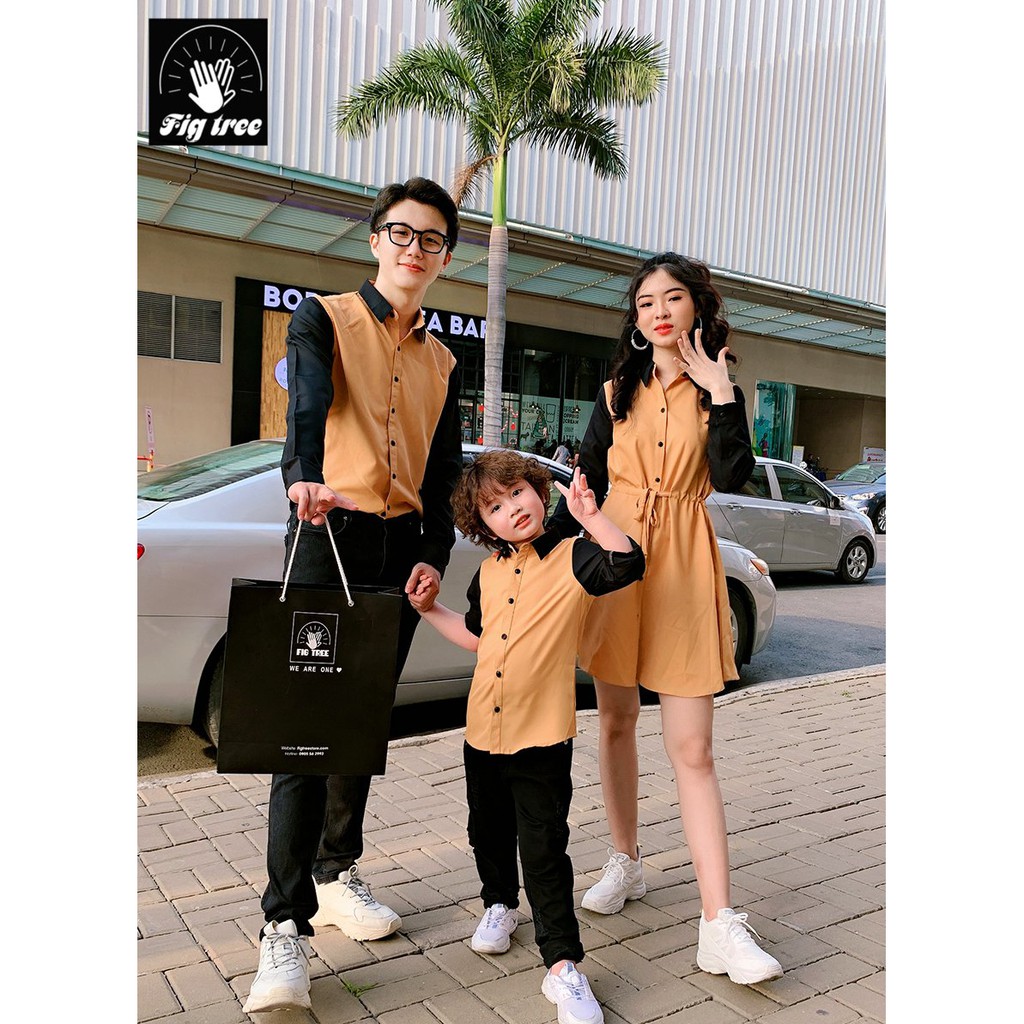 Set Sơ Mi Váy Gia Đình FIGTREE Vàng Phối Đen Nhã Nhặn