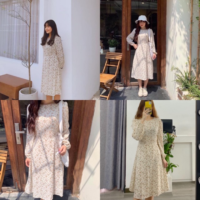 Đầm hoa nhí xinh Halenn Dress tay dài chất váy voan có lót lớp váy có dây buộc eo xinh nhẹ dễ mix