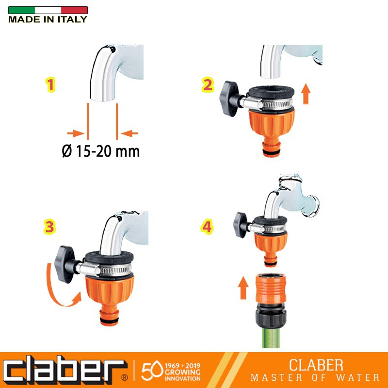 Khớp Nối Cổ Dê [Made In Italy] Claber 8525 nhựa ABS, nối vòi trơn phi 15-20mm, ngõ ra kết nối nhanh