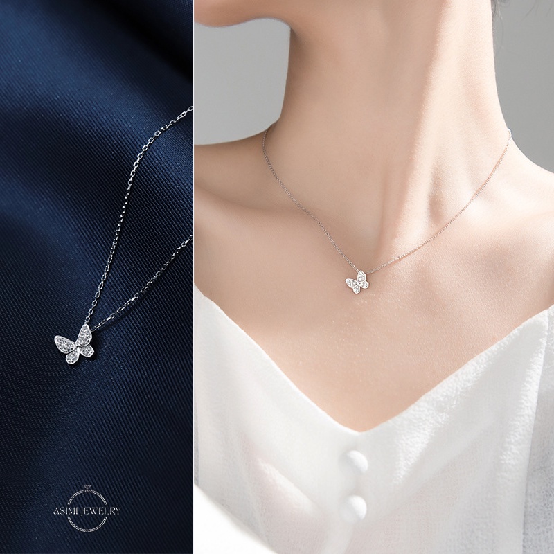 Dây chuyền bạc nữ cánh bướm đính đá nhỏ Asimi, Dây chuyền bạc Ý S925 nữ tính đơn giản Butterfly Line DC19