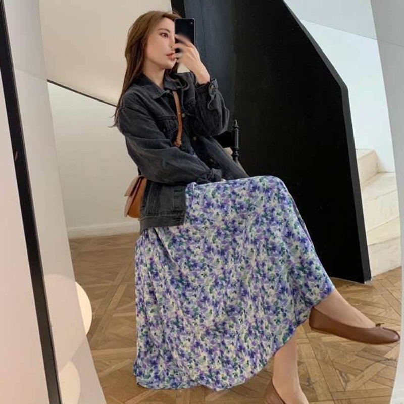 Đầm hoa tay dài cổ chữ V thời trang thanh lịch cho nữ