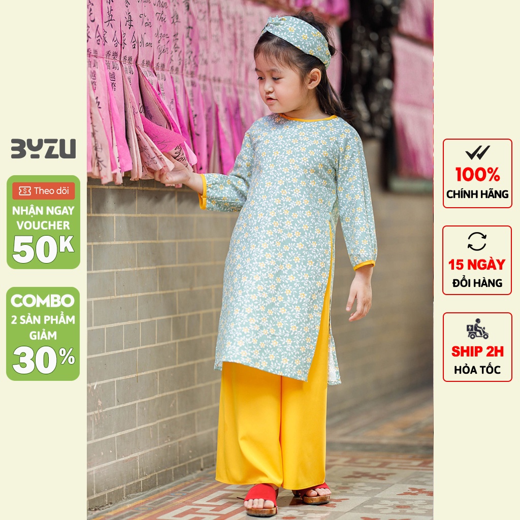 Áo dài cho bé gái BYZU kiểu áo dài cách tân hoa nhí, chất liệu Linen màu xanh cực yêu