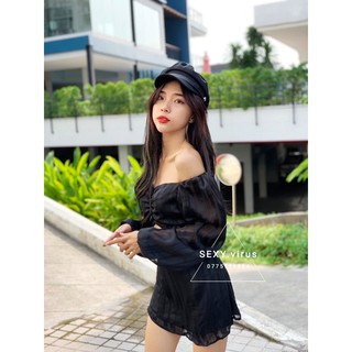 Đầm mini A tay phồng - trễ vai