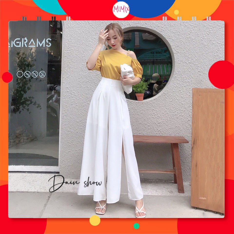Set bộ rời MIMIX áo lệch vai tay phồng dây vai đính ngọc và quần ống rộng trơn xẻ chân BJ9195 | BigBuy360 - bigbuy360.vn